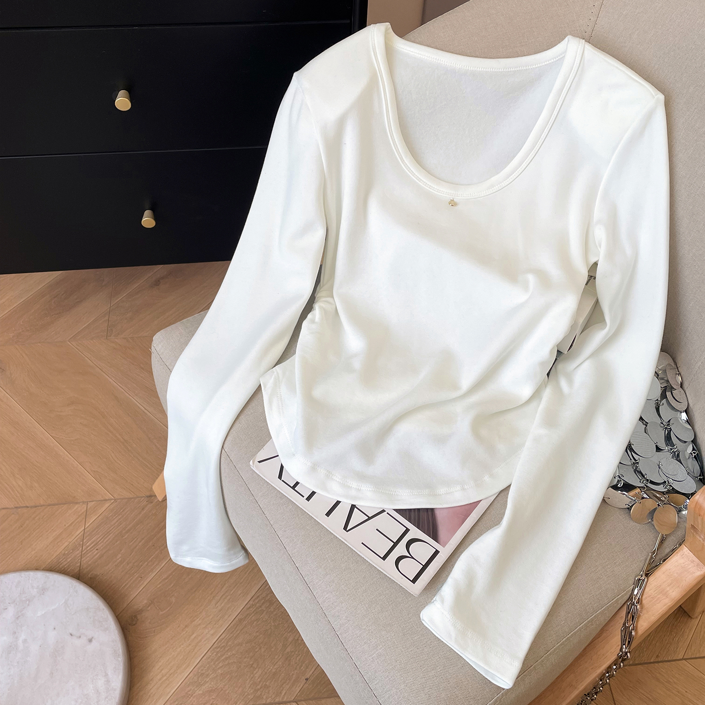 小C家 u领打底衫女内搭冬2025新款褶皱收腰修身显瘦长袖T恤短上衣