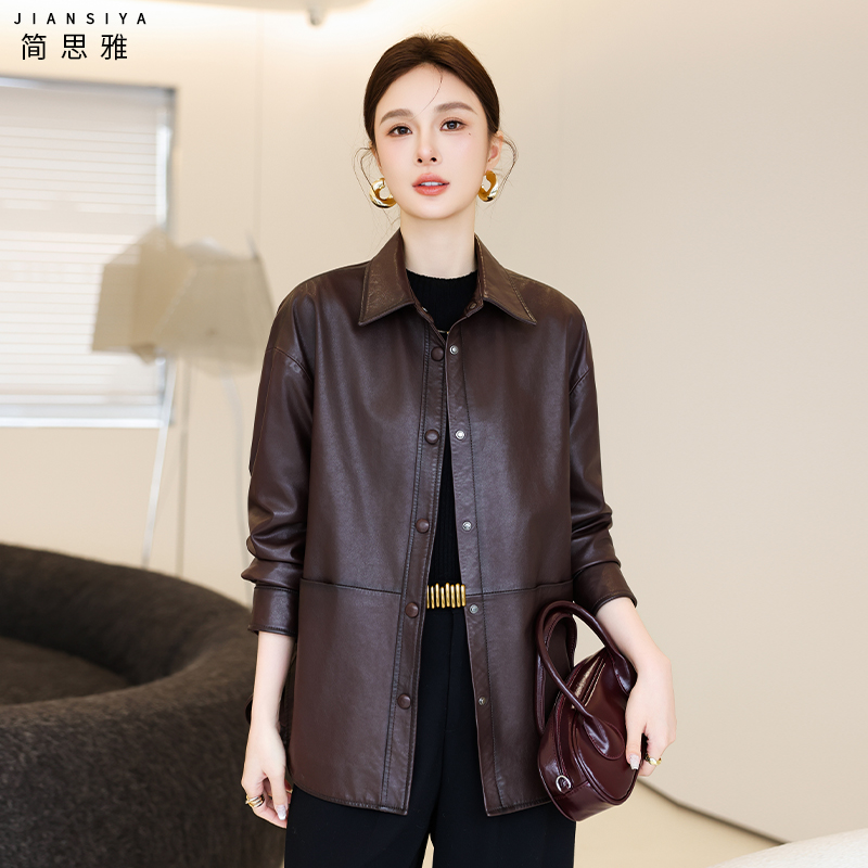 时尚减龄绵羊皮女方领海宁真皮皮衣宽松显瘦中长款皮外套百搭单皮