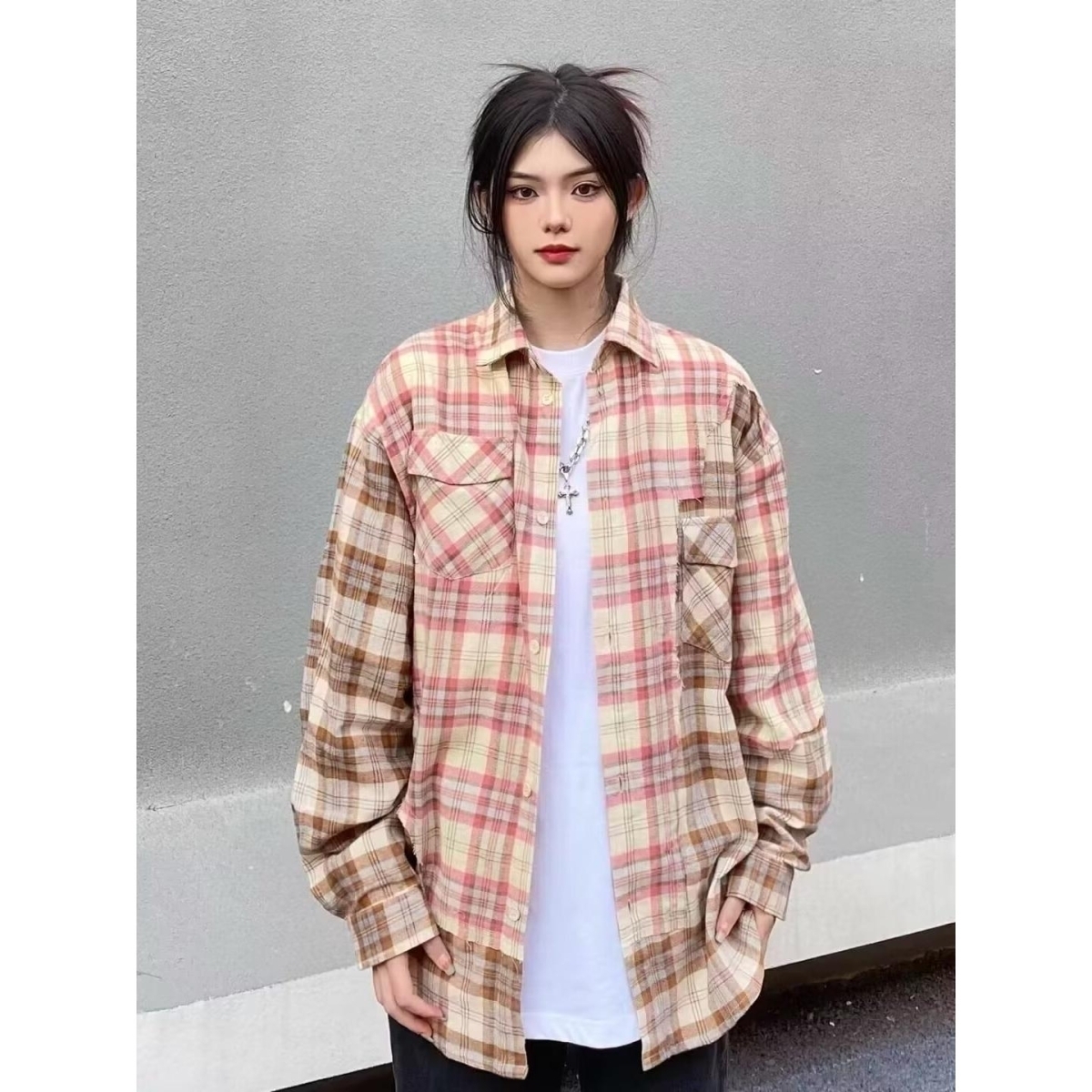 TS48秋季格子长袖衬衫男女日系港风ins宽松潮流百搭休闲衬衣痞帅