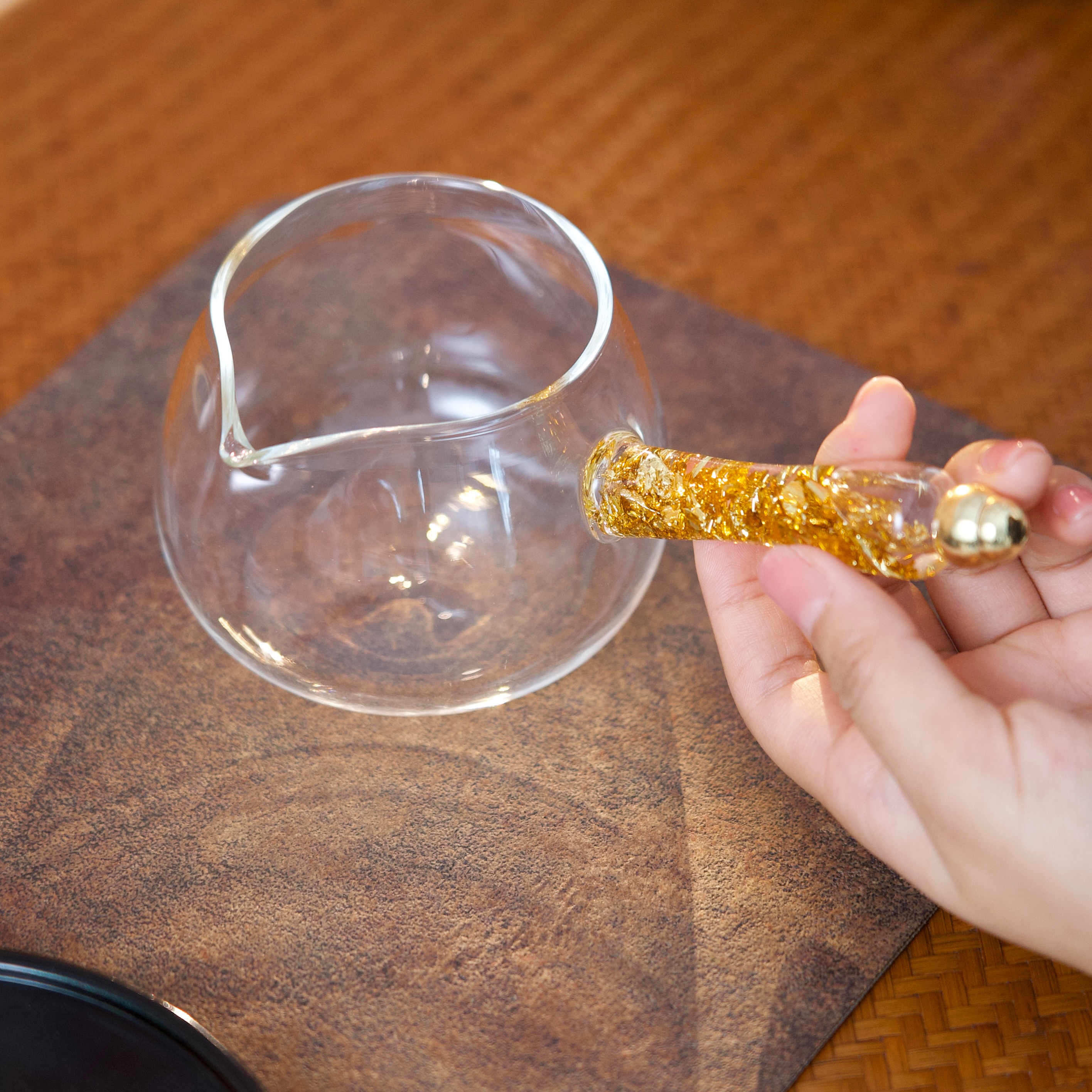 新中式玻璃侧把公道杯加厚耐热金箔公杯分茶器号茶海茶漏茶具配件