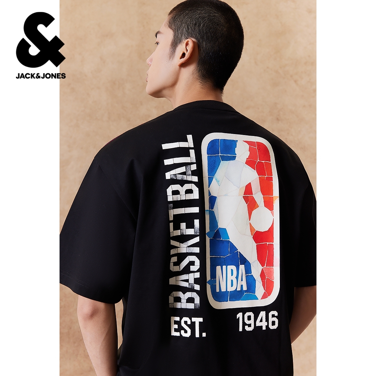 【NBA联名款】杰克琼斯男装春季T恤上衣休闲百搭胶印印花圆领略宽松