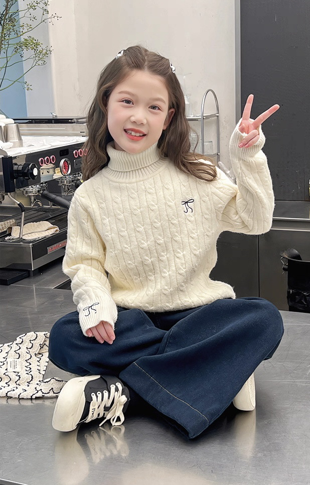 【朵妈专属】高领针织毛衣女童加绒加厚纯色刺绣百搭洋气针织衫