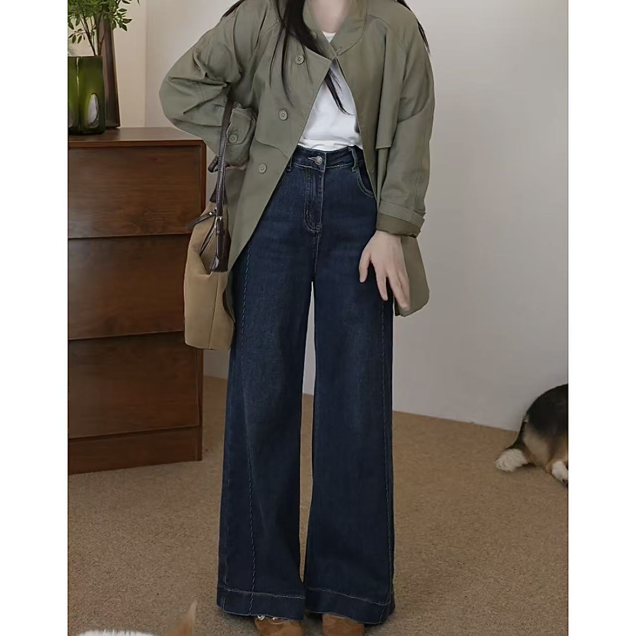 秋冬季小个子加绒牛仔裤女宽松型舒适阔腿裤喇叭裤通勤百搭休闲