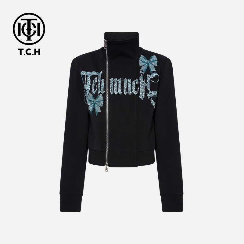 TCH【时尚高领】冬款氛围感时尚烫钻淑女百搭黑色外套T75C27E5018