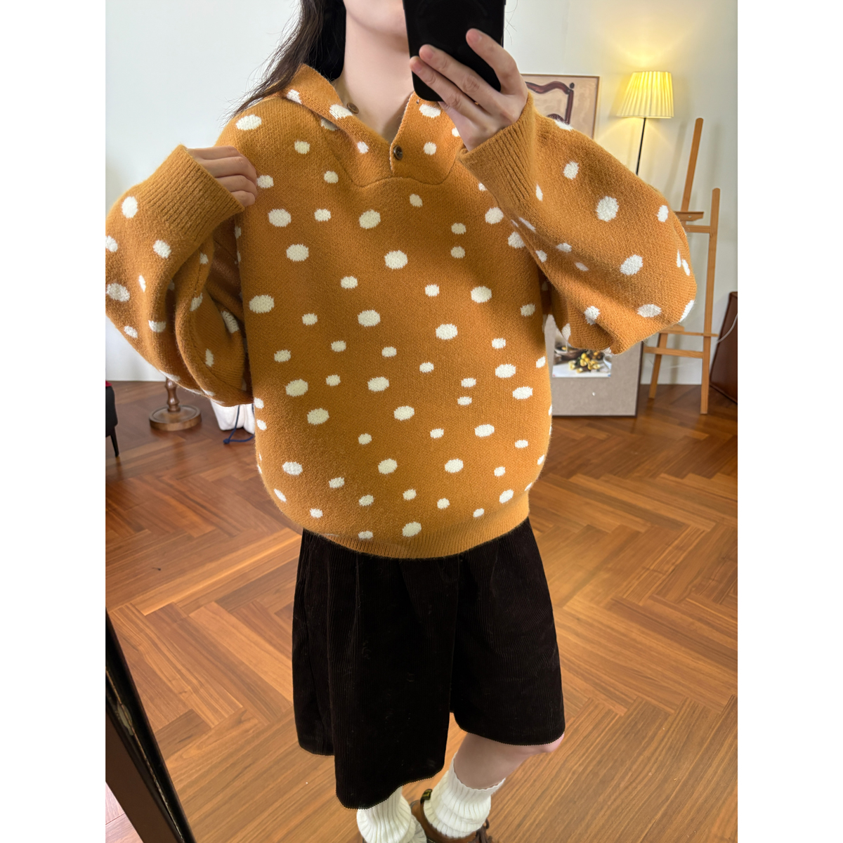 韩版显白加厚波点连帽毛衣女2025秋冬新款宽松百搭保暖针织衫套头