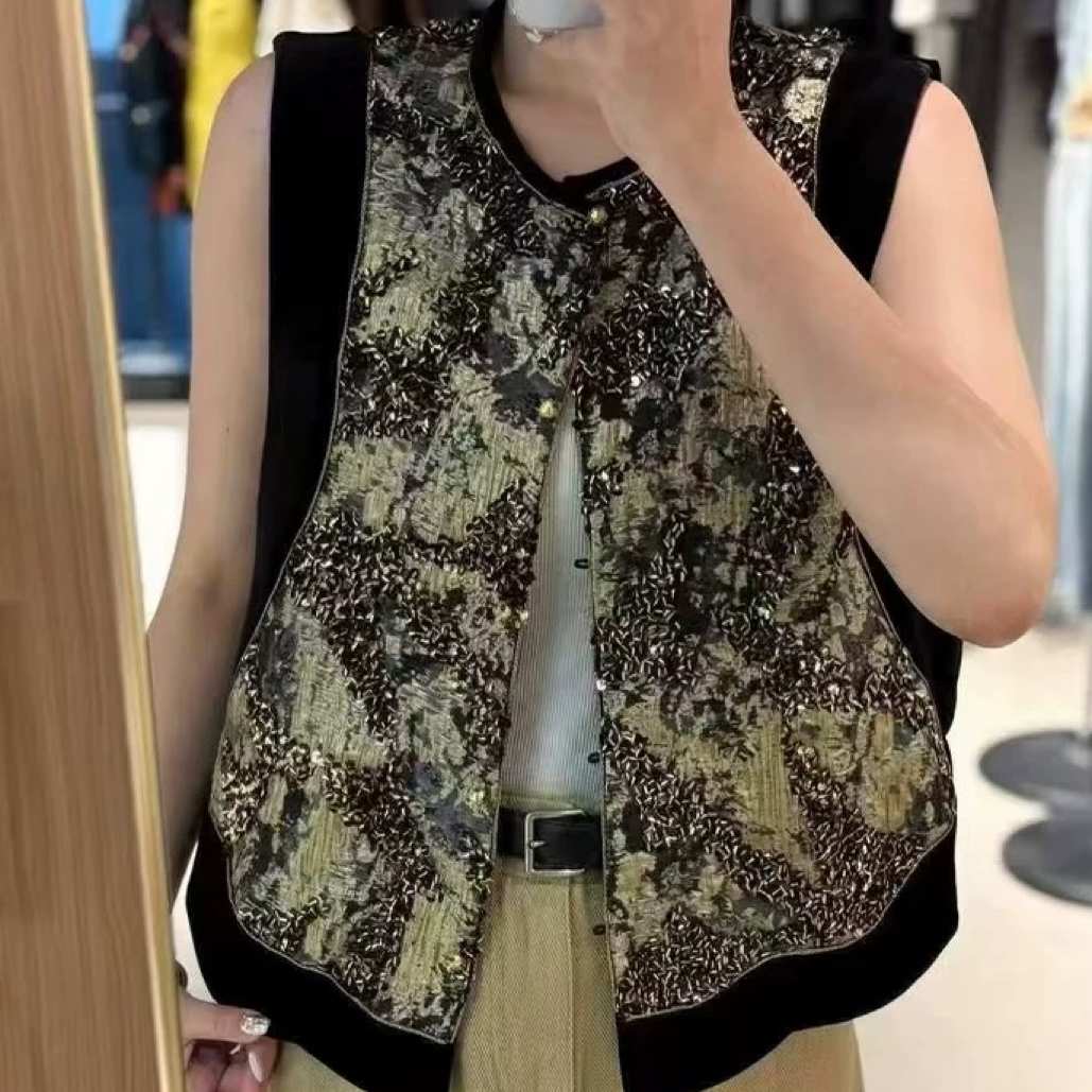大码2025年新款中式国风高级感重工刺绣亮片显瘦百搭女士马甲