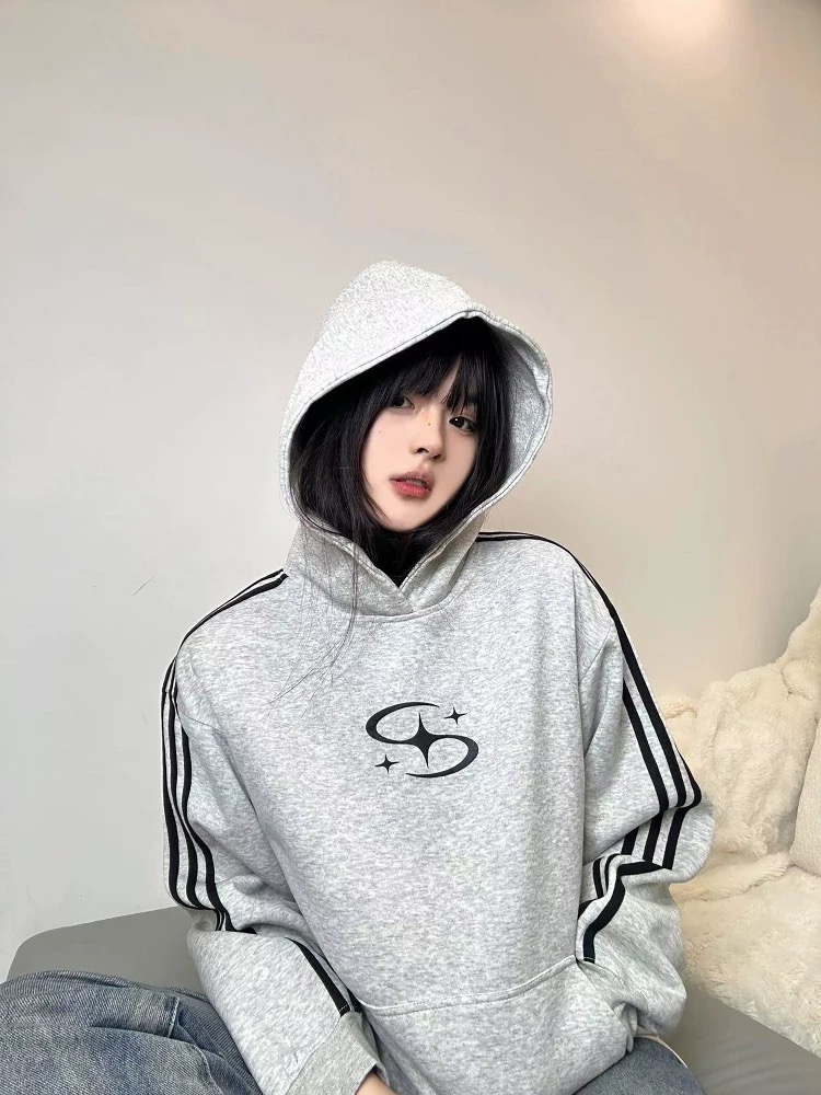 【W004-02】简约基础款美式潮流条纹设计情侣连帽卫衣