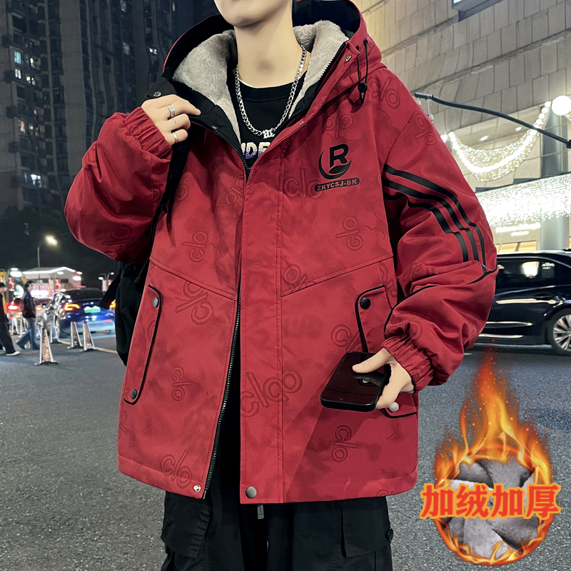 青少年外套男冬季加绒加厚休闲连帽宽松学生夹克男孩保暖防寒衣服