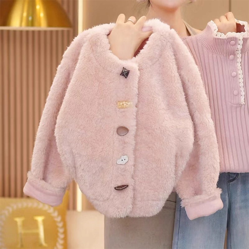 女童加绒外套秋冬2025新款儿童小香风上衣韩版女孩加厚毛毛衣洋气