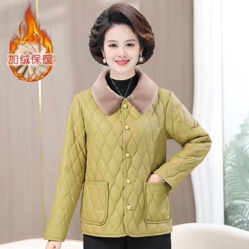 秋冬仿羊皮加绒棉衣免洗新款妈妈装百搭时尚棉服外套加厚中老年PU