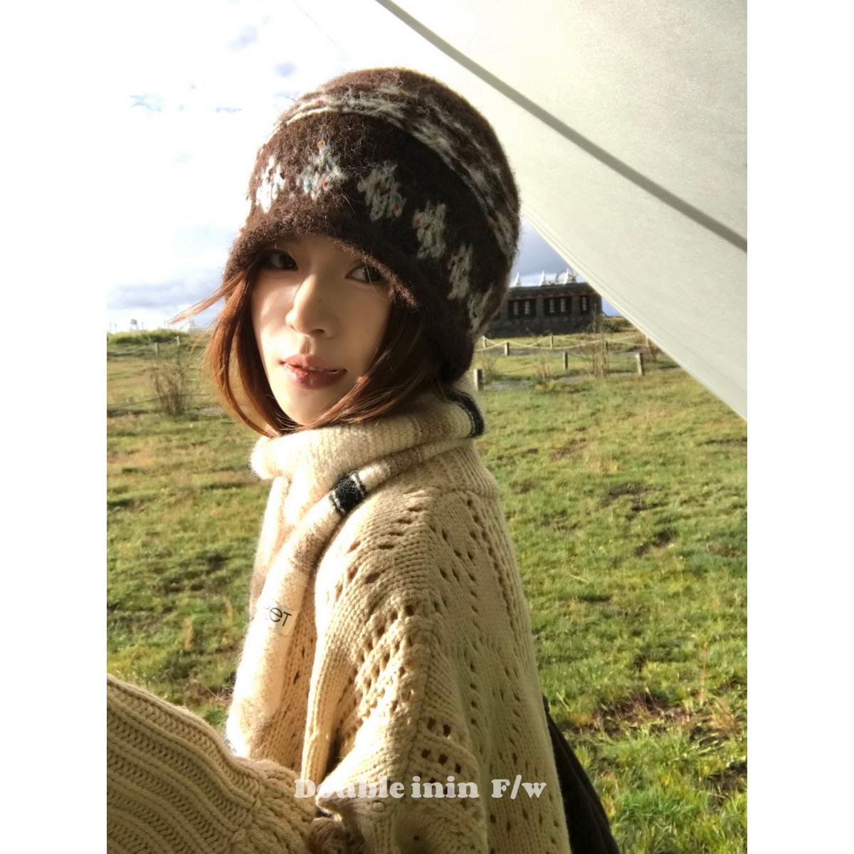 提花卷边费尔岛针织帽女秋冬保暖毛线冷帽针织帽子时尚复古