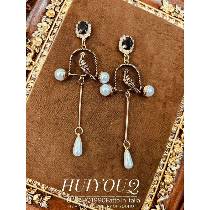 铜合金耳饰 【笼中之鸟金丝雀】珠珠吊坠耳钉606