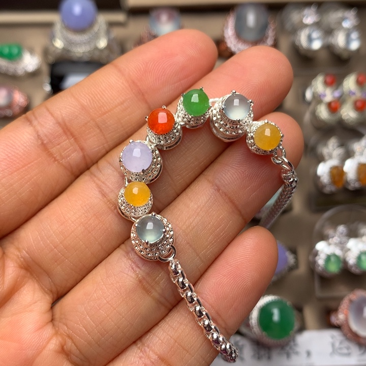 翡翠合金戒指翡翠高冰多彩手链