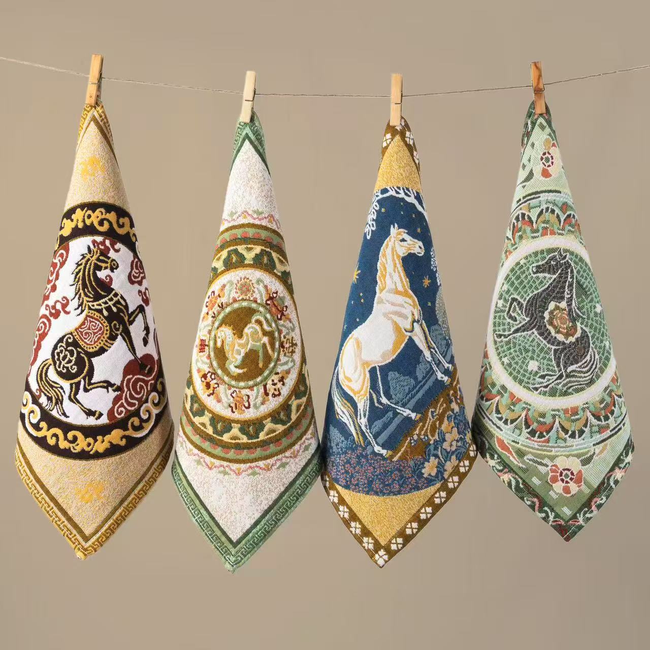 【四条装】锦鞍四骏纯棉方巾 唐风马纹纯棉洗脸巾 柔软透气不掉毛