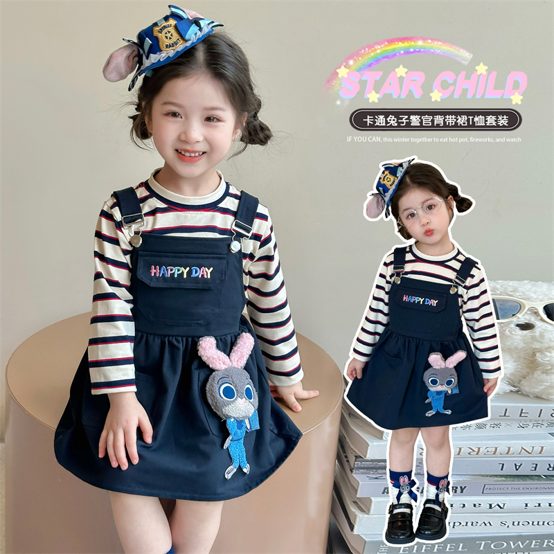 韩系童装女童秋装套装2025新款洋气儿童黑色牛仔背带裙上衣两件套