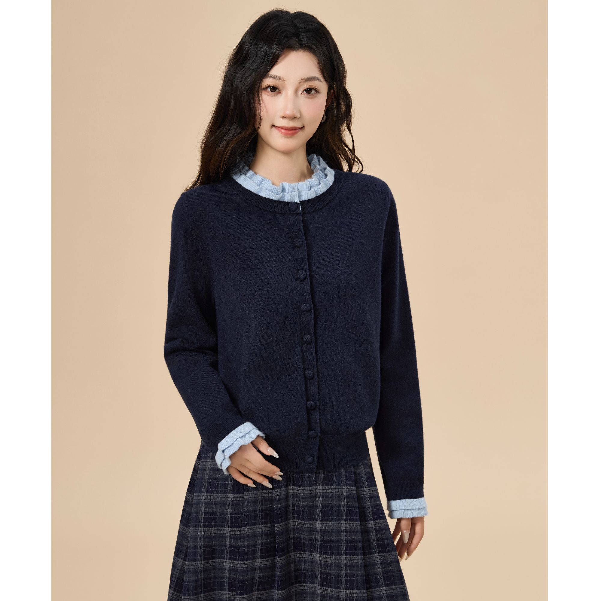 【诗菡专属】茵曼25秋季新款双木耳边领气质针织开衫纯色百搭毛衣