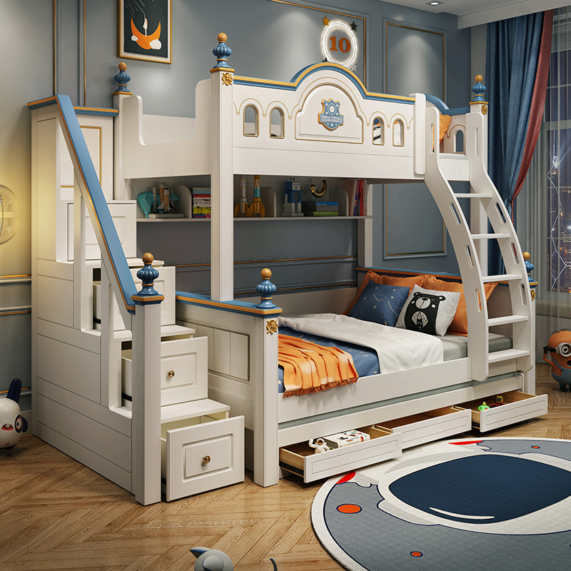 儿童高低床双层床男孩蓝色贵族1.2子母床两层实木上下铺床双层床