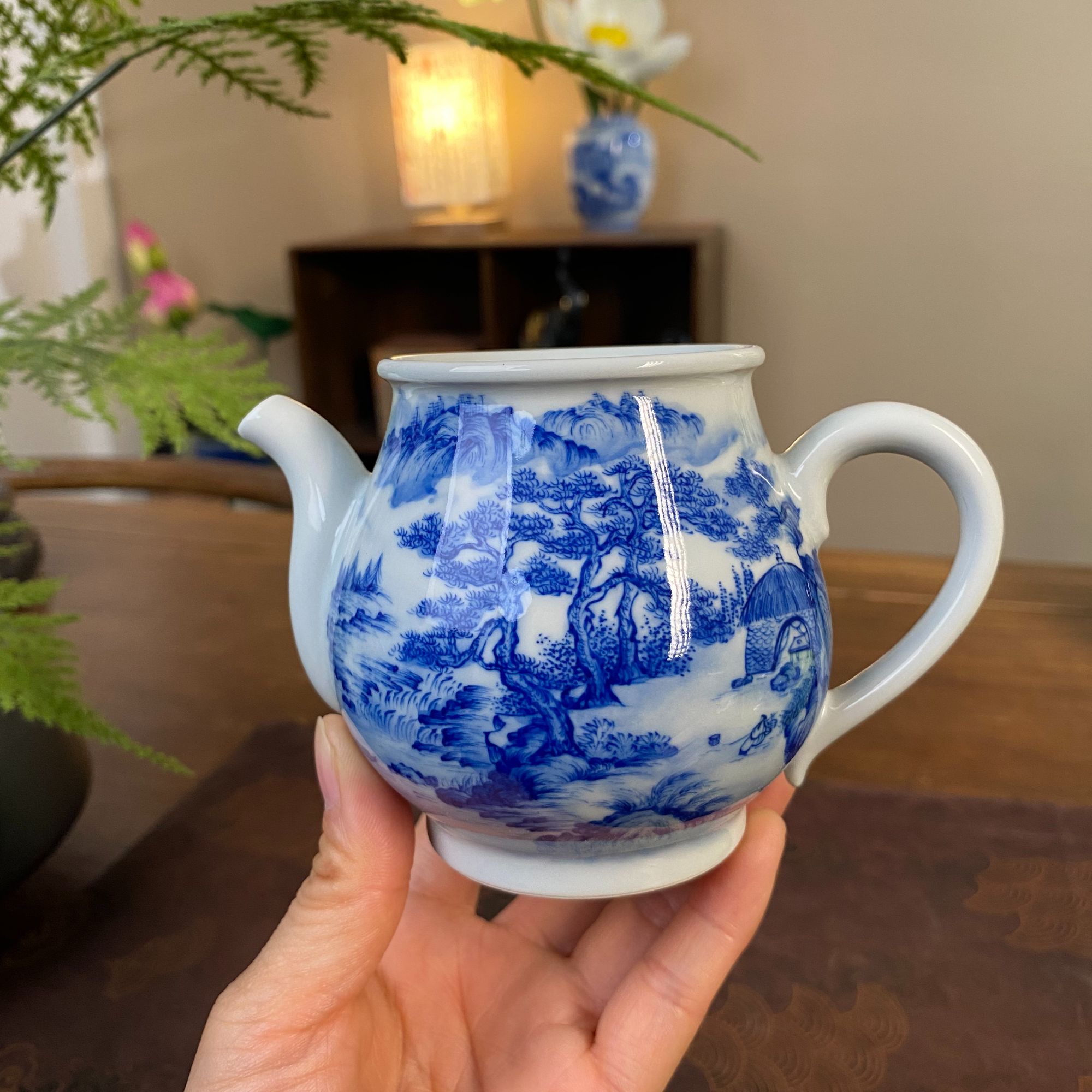 【九茗柴窑】精工山水带把手公道壶  手工手绘  景德镇茶具 230毫升