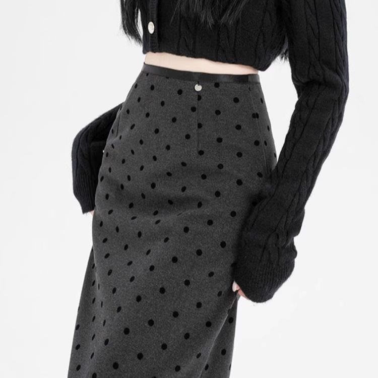 灰色长款波点毛呢半身裙女秋冬季加厚a字包臀半裙止步西装长裙子