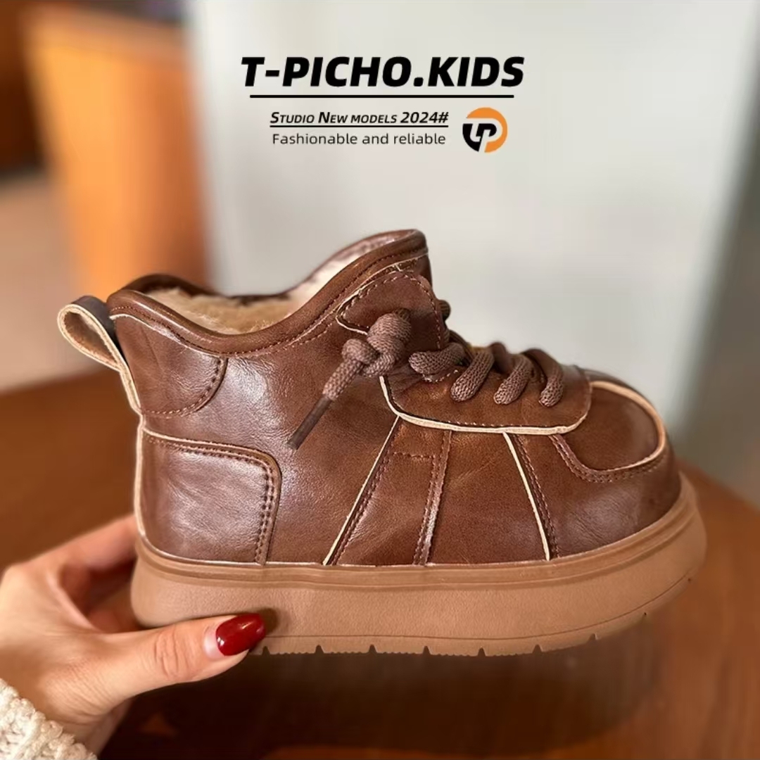 2025卡皮巴拉雪地靴中大童皮面棉靴男女童软底加绒保暖防水棉靴