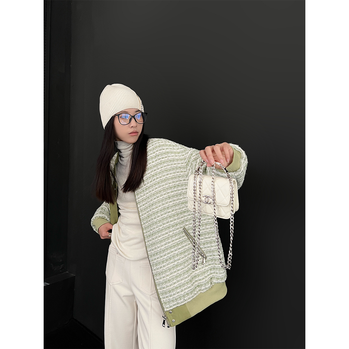 【清】P1201Y2430 粗花呢酷帅小香拼皮夹克外套女加棉加厚上衣 