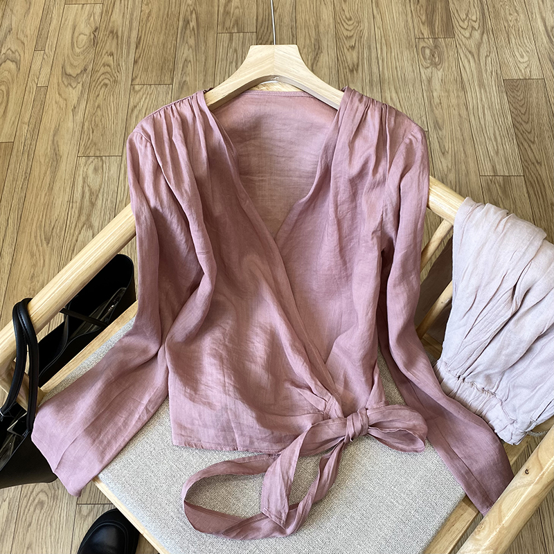 早秋苎麻V领交叉绑带设计衬衫纯色百搭文艺复古长袖上衣女C118