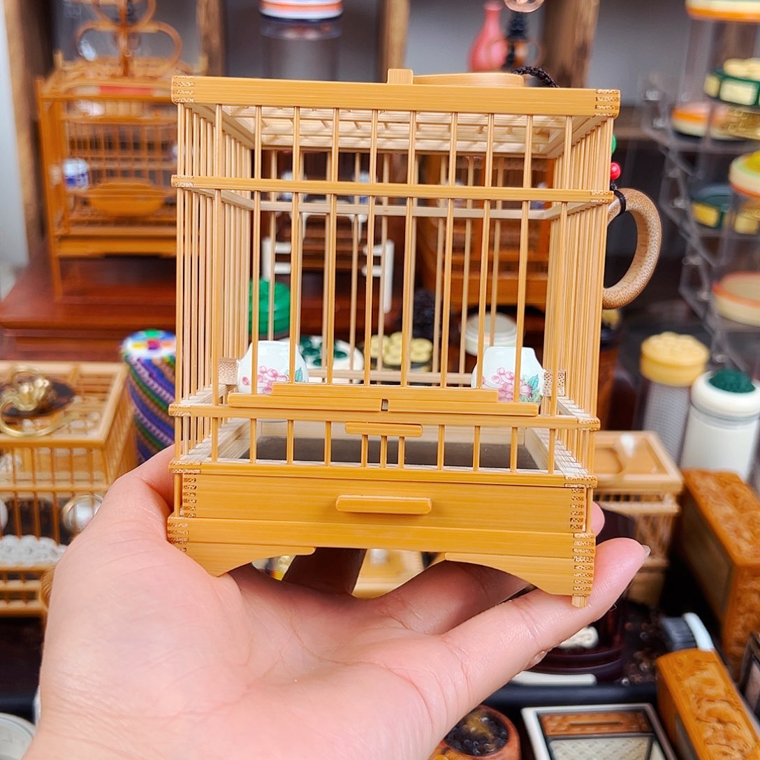 木玉竹抽屉款榫卯蝈蝈笼➕绿蝈蝈