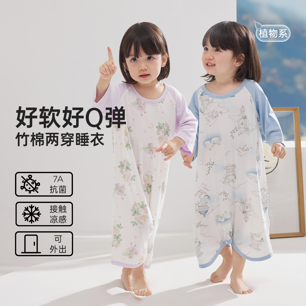 wellber/威尔贝鲁竹棉汗布七分袖睡衣宝宝儿童空调服薄夏季25新