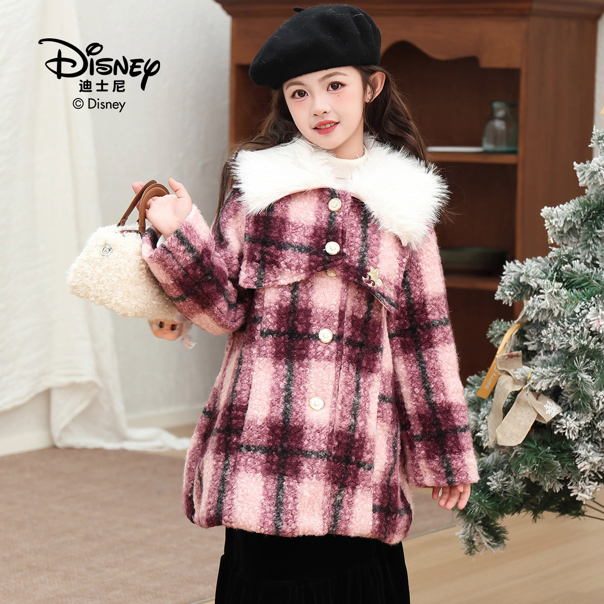 Disney迪士尼秋冬新款呢大衣中长款女童加厚棉服外套大衣可拆卸领