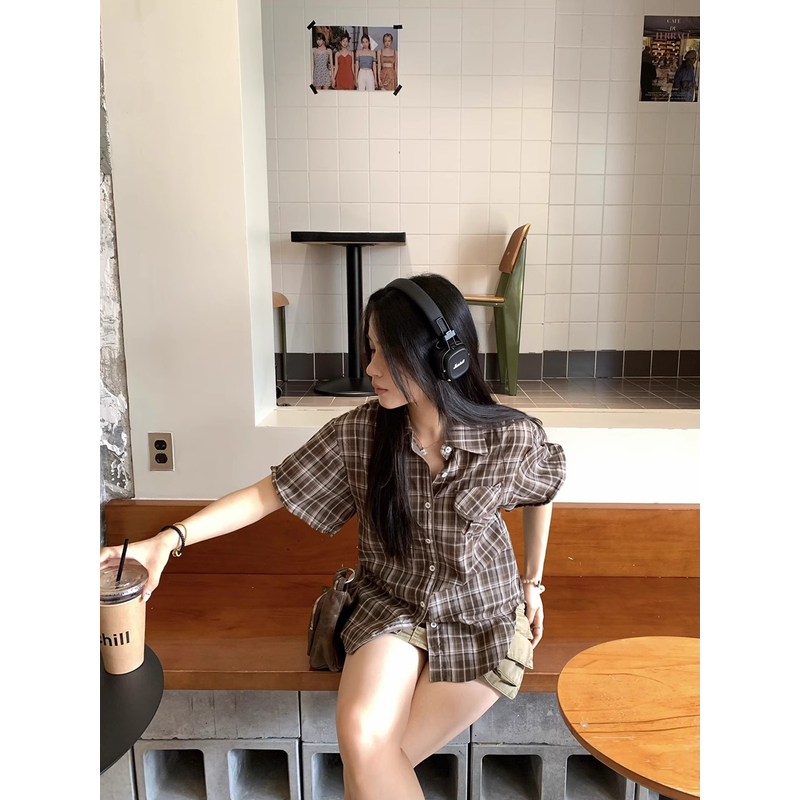 【清】NO退换ONEXH·2025夏季美式复古阔袖短袖格子衬衫宽松韩系衬衣