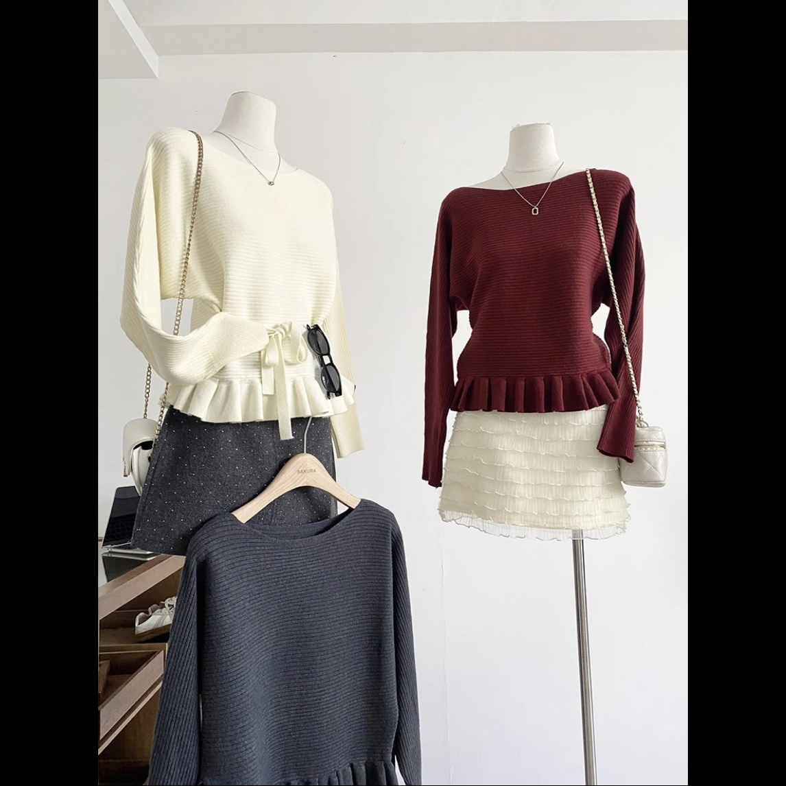 5065韩系荷叶边系带收腰针织