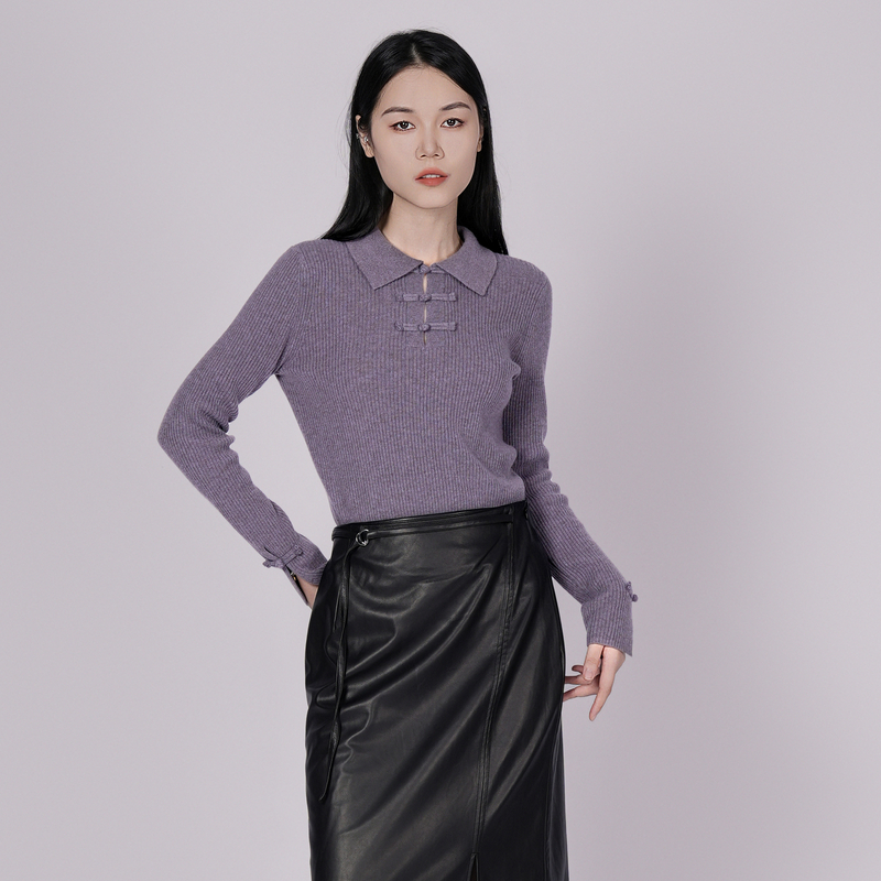 XG雪歌100%纯羊毛毛针织衫XK411090AE87紫色套头国风女