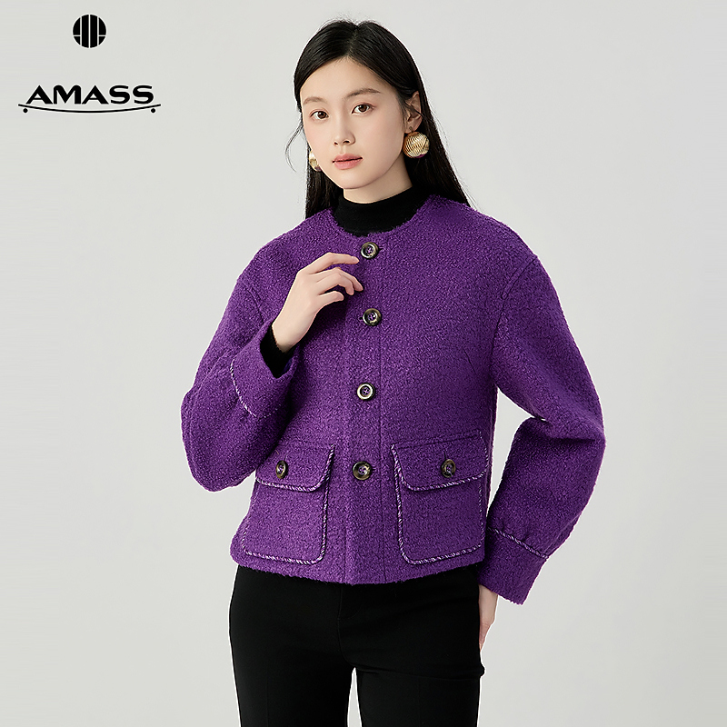 阿玛施AMASS时尚轻奢质感亮彩毛呢厚款宽松圆领小香风外套5400912