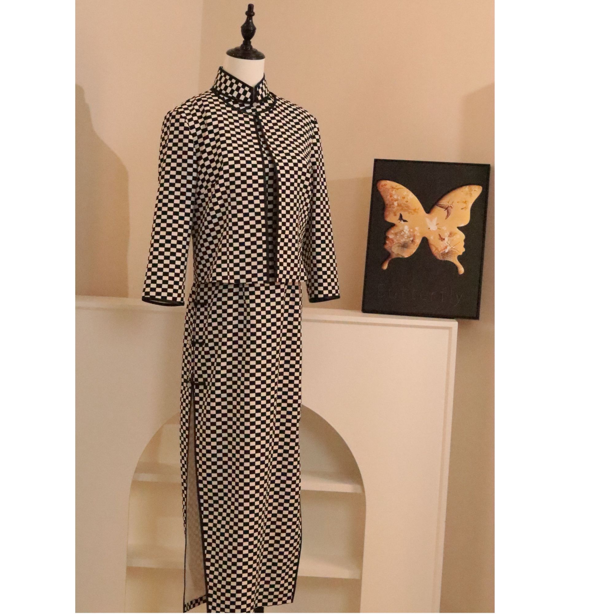 魅力东方定制长款旗袍黑白格