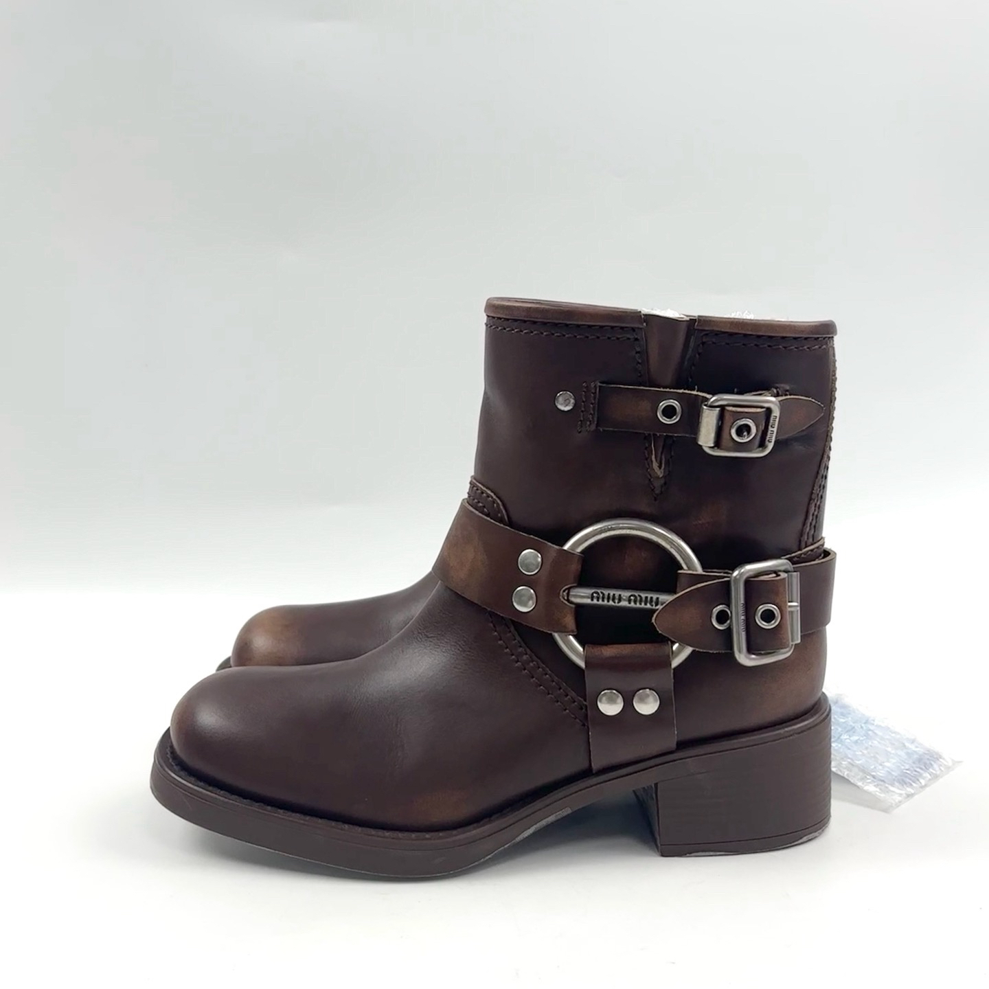 未使用 MIU MIU/缪缪 38码棕色真皮做旧机车短靴 全新 lm4491
