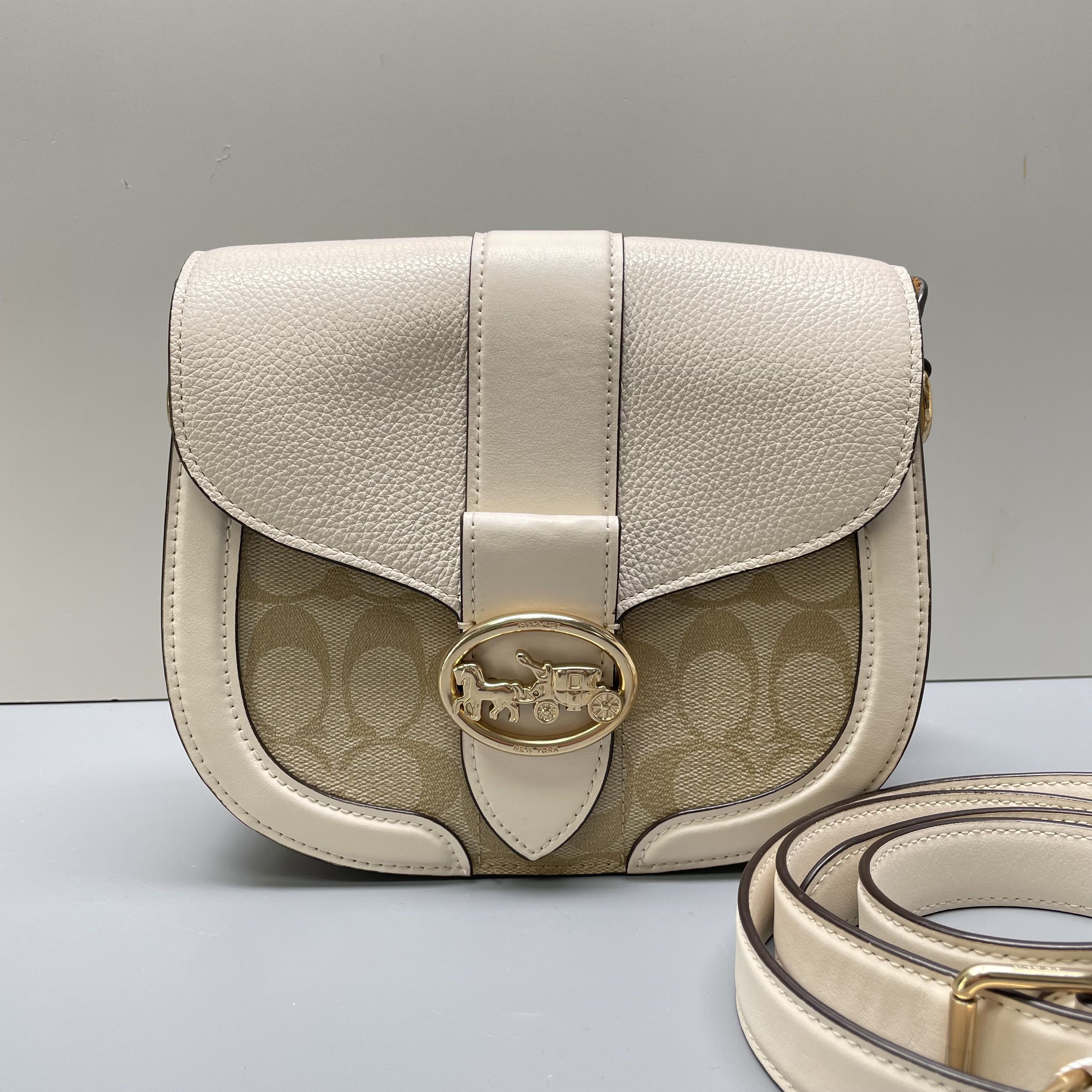 90新 COACH/蔻驰 georgie白拼老花马鞍包20*18*7cmE112406白色