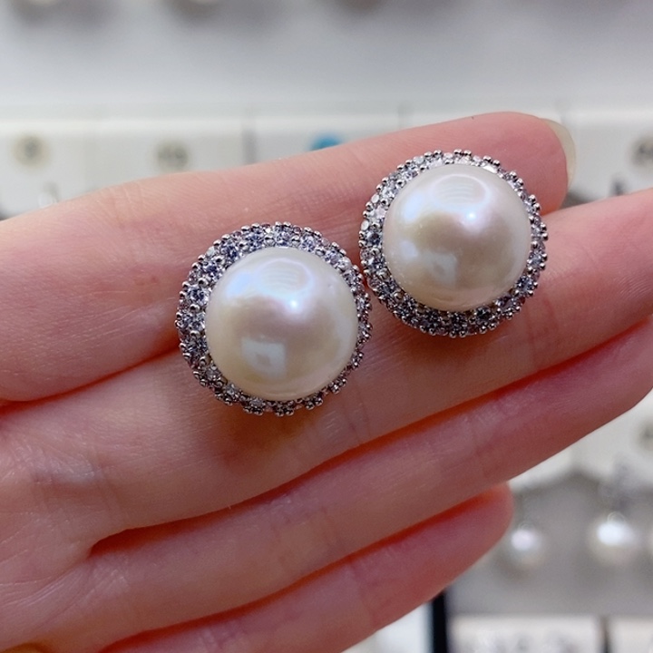 耳饰淡水珍珠银S925镶嵌1w+A