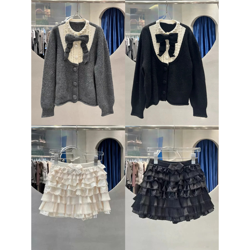 LIULIU（秋冬氛围感毛衣）千金复古时髦蝴蝶结假两件钉珠毛衣外套