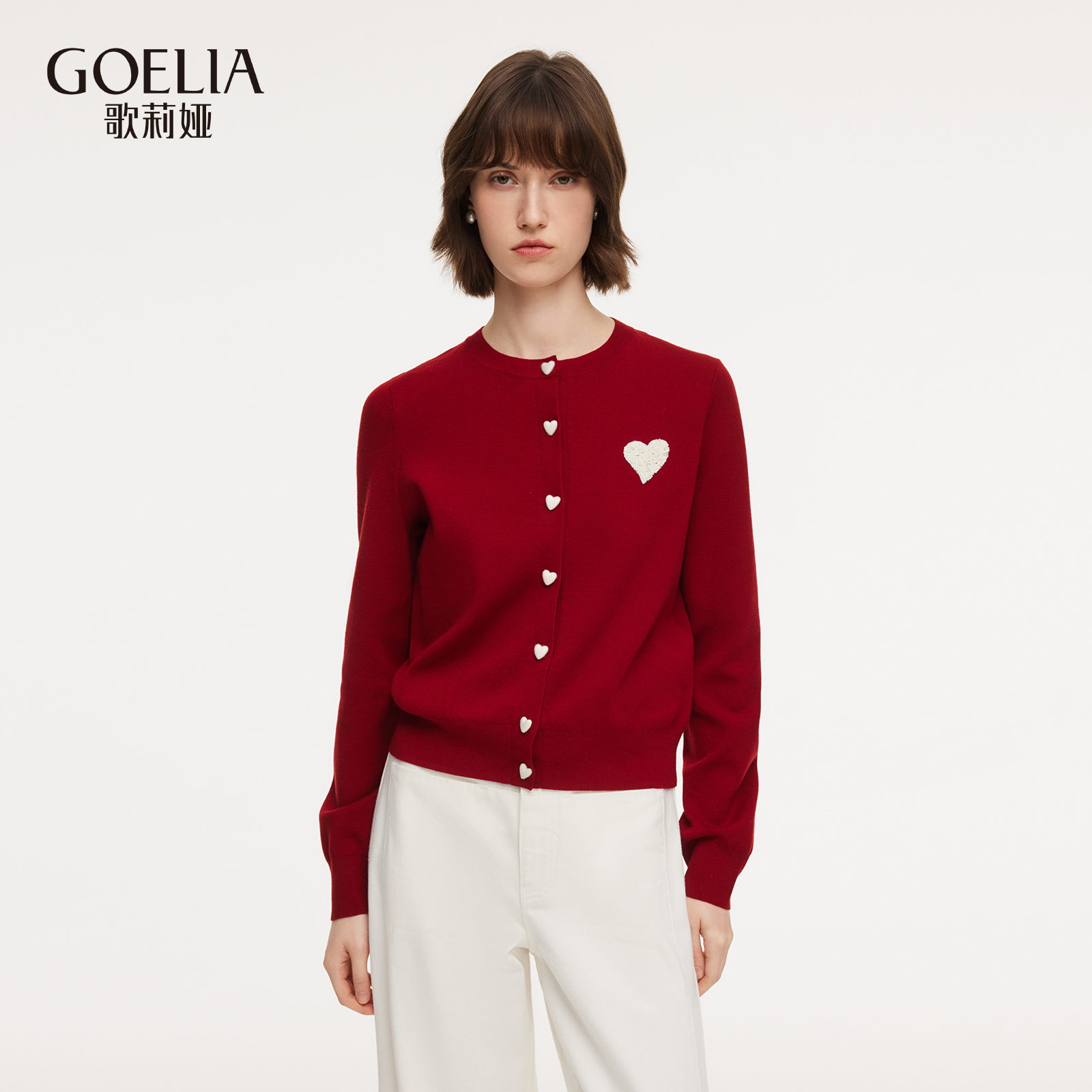 歌莉娅氛围感圆领红色针织上衣春季新款爱心图案开衫  1F2J6J500