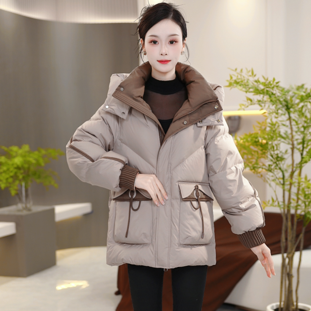 翻领连帽纯色气质保暖时尚加厚宽松2025年格子羽绒服女SJYH3762