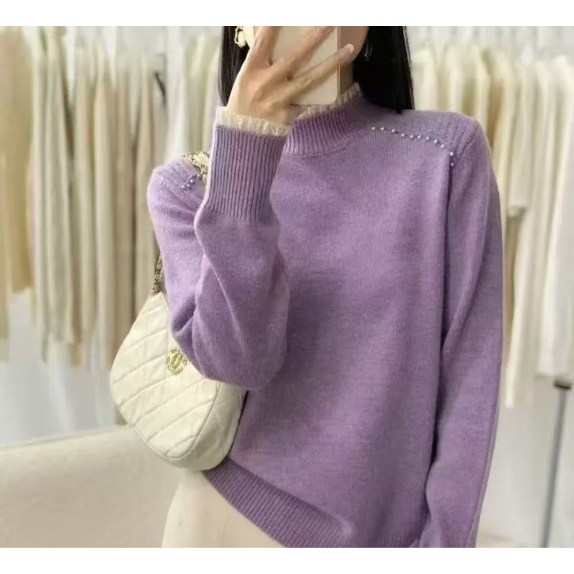 秋冬新款蕾丝领设计针织打底衫女半高领宽松毛衣减龄内搭上衣