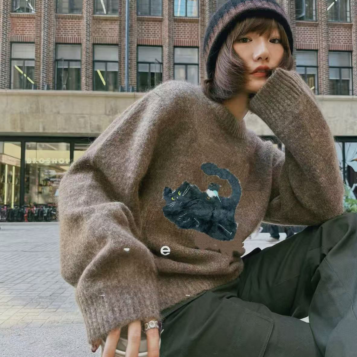 商场同款冬新款减龄小猫撞色针织衫女软糯舒适套头毛衣6642