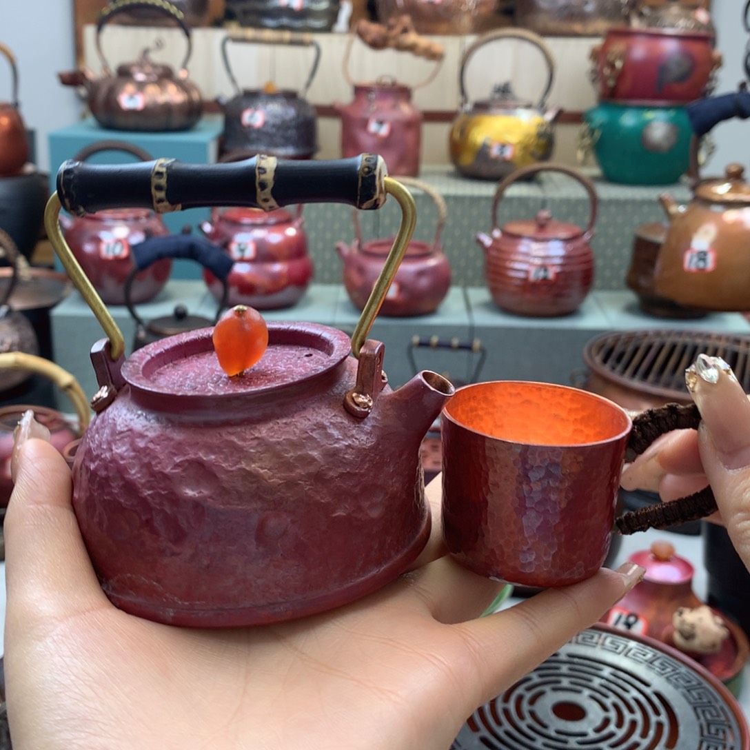 朵***歌石头纹紫竹提梁铜壶➕红色杯子