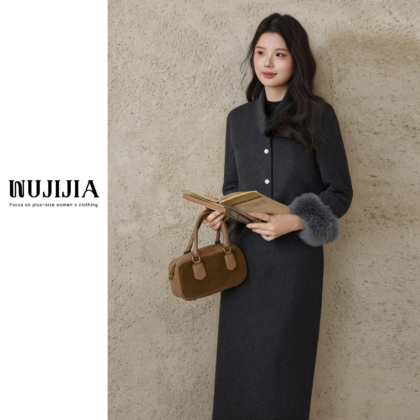 【五季家大码】冬季气质高级感灰色棉上衣+灰色长半裙套装ZL114046