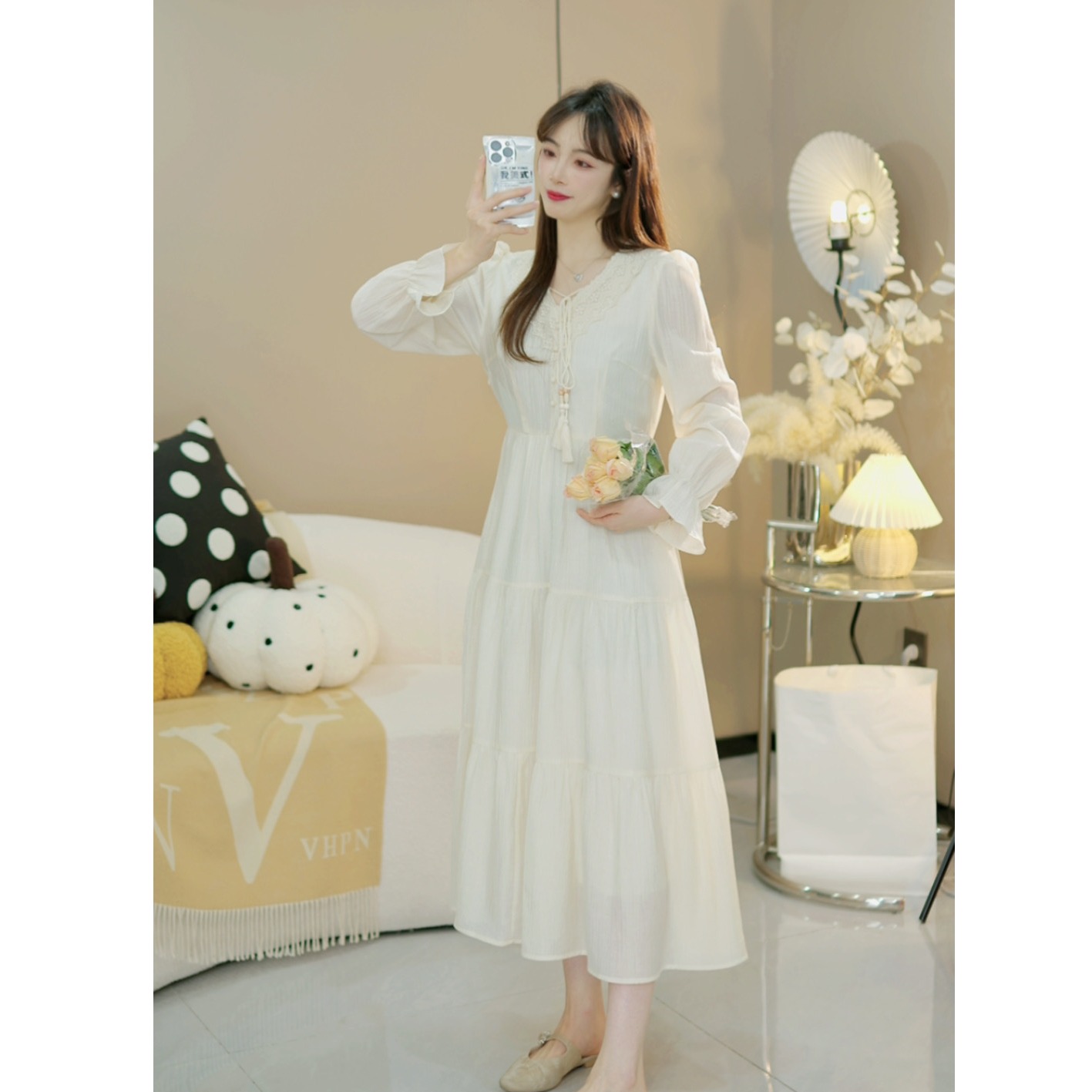 【西雅图少女T】茶歇法式复古流苏马甲白色连衣裙两件套QT011