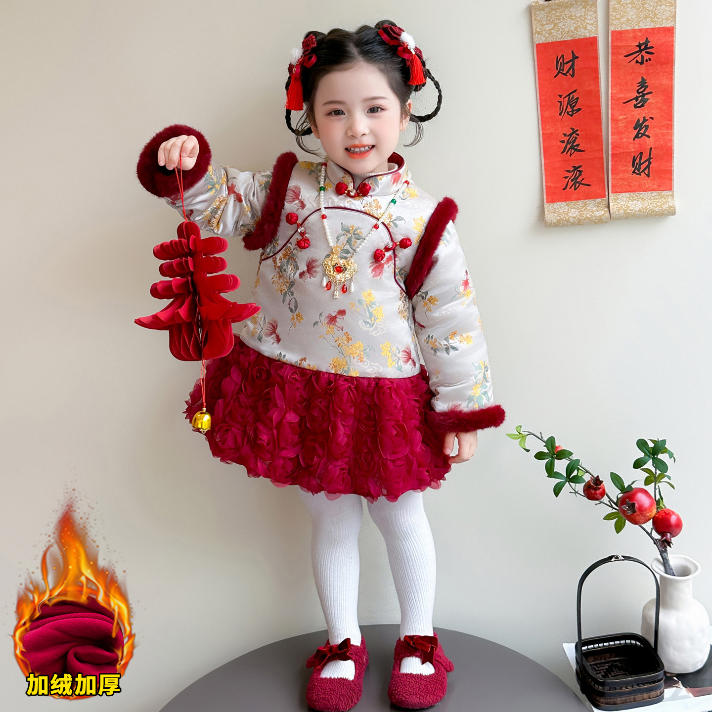 拜年服女童中式加绒过年旗袍裙子国风唐装小女孩喜庆元旦表演衣服