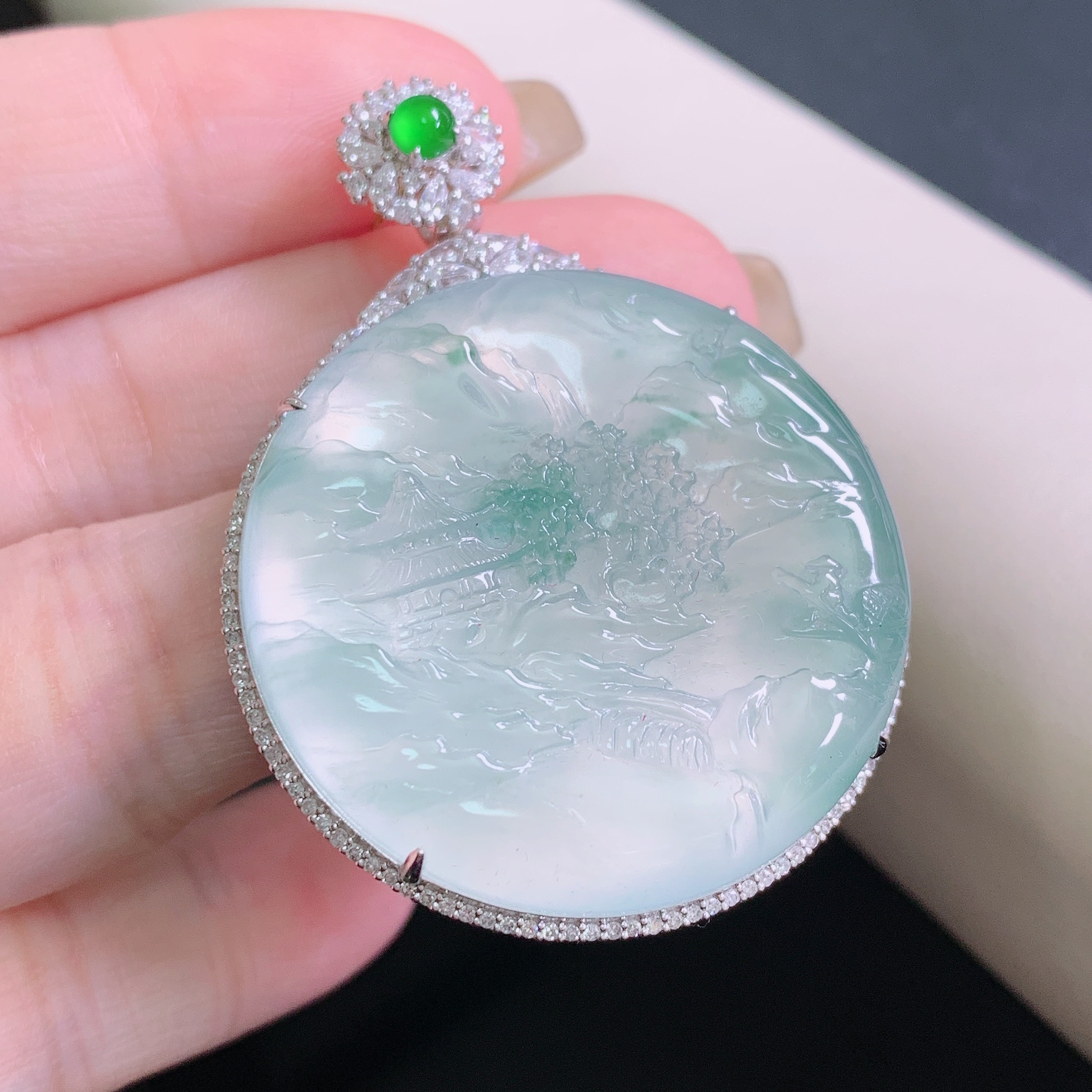 天然缅甸A货翡翠高冰飘花山水牌镯心料一刀切挂坠高品质揭阳精工