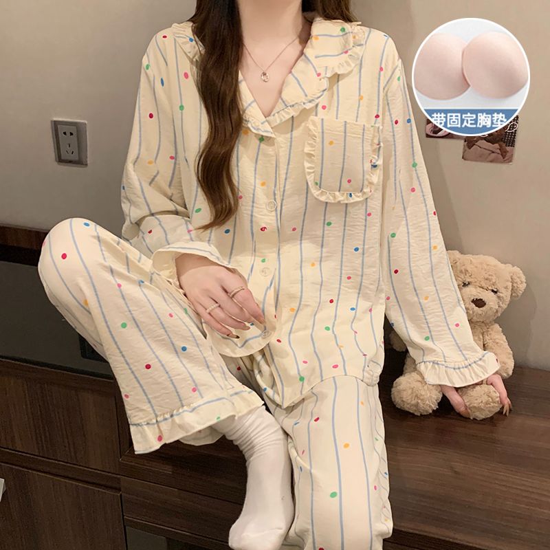 [竖条彩色波点]新款云朵棉带杯垫女翻领时尚家居服睡衣套装1664