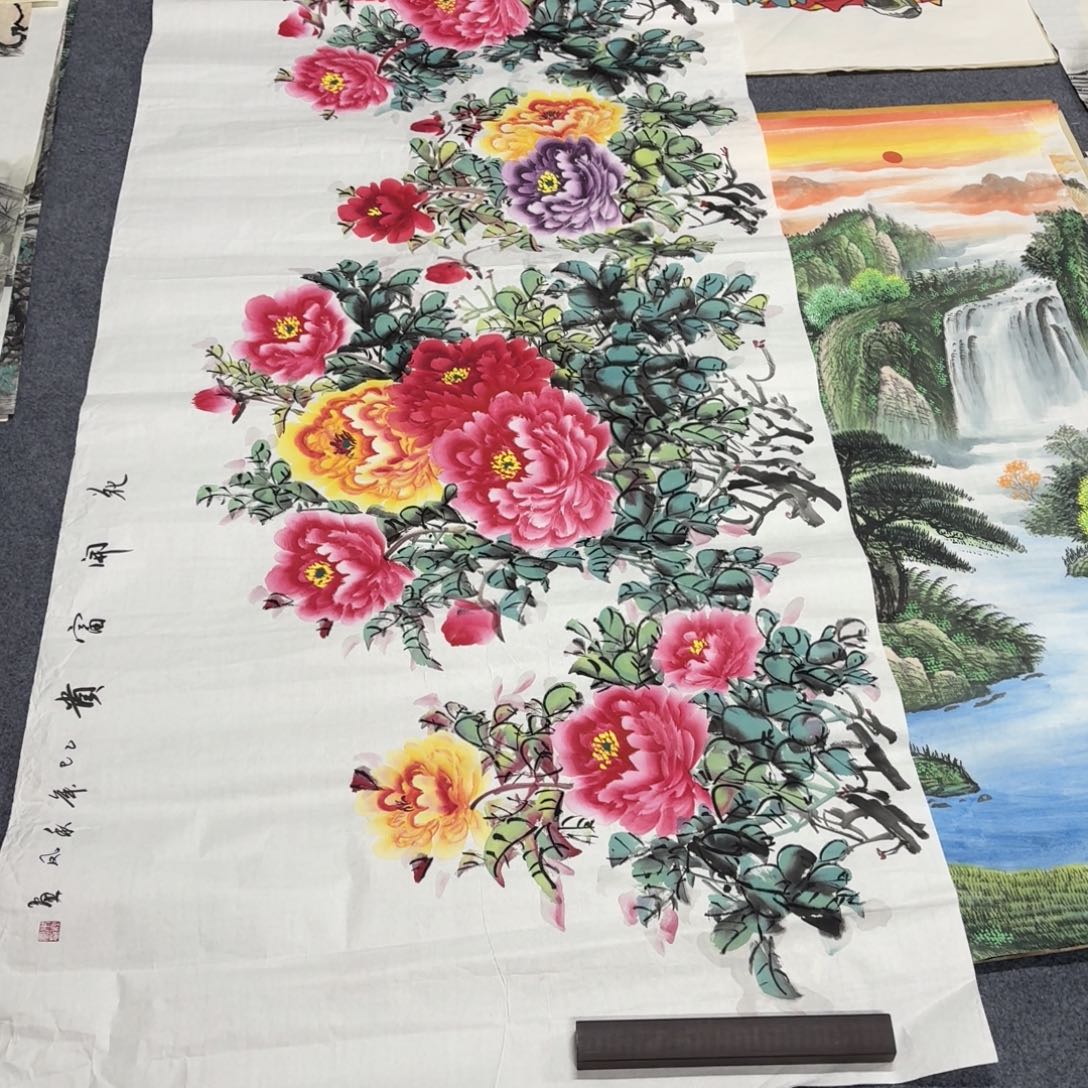 国画2.4×1米小八牡丹画画画