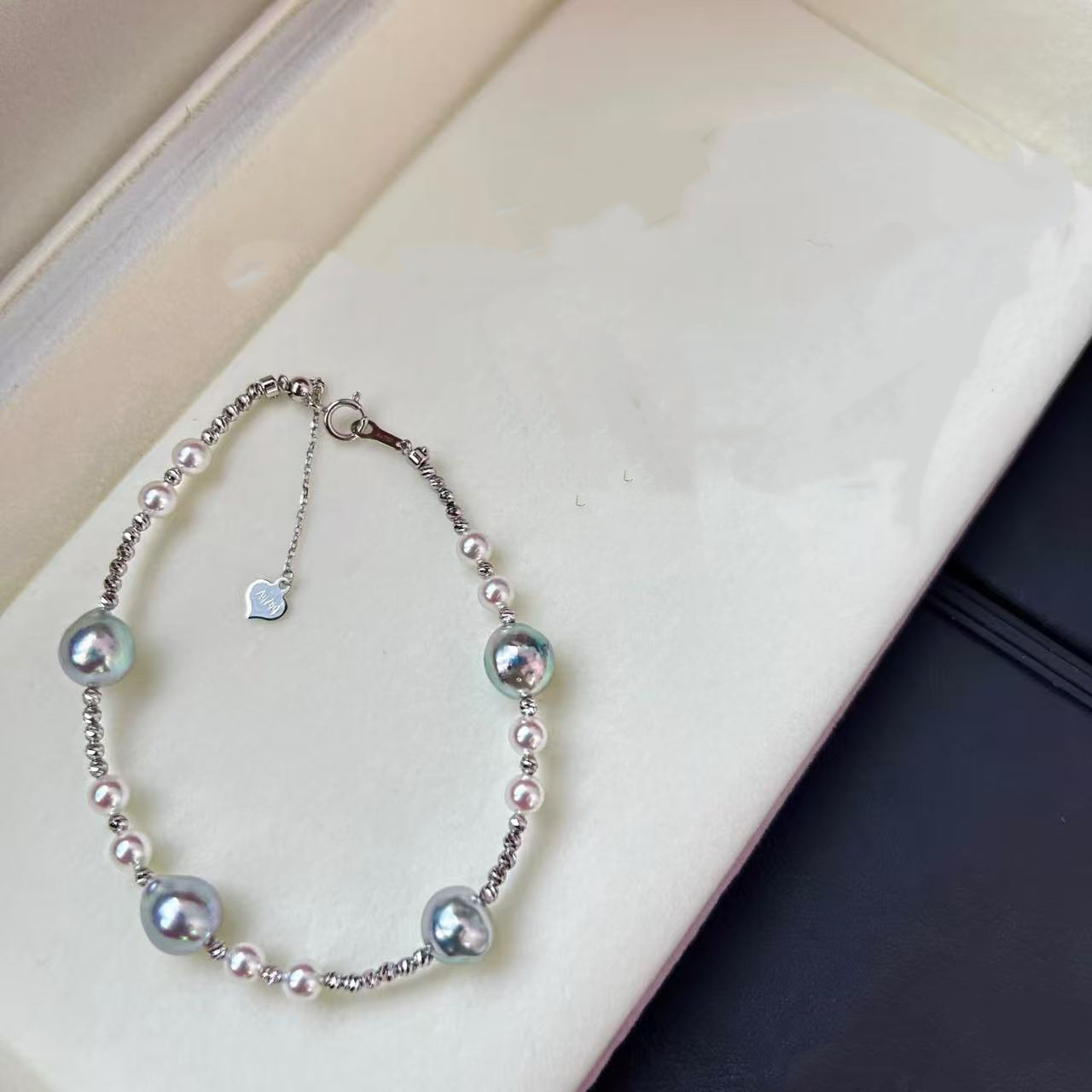 7.5-8.5mm天然海水珍珠真多麻S925银手链